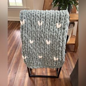 Chunky Knit Baby Blanket - Sage Green with White heart Accents